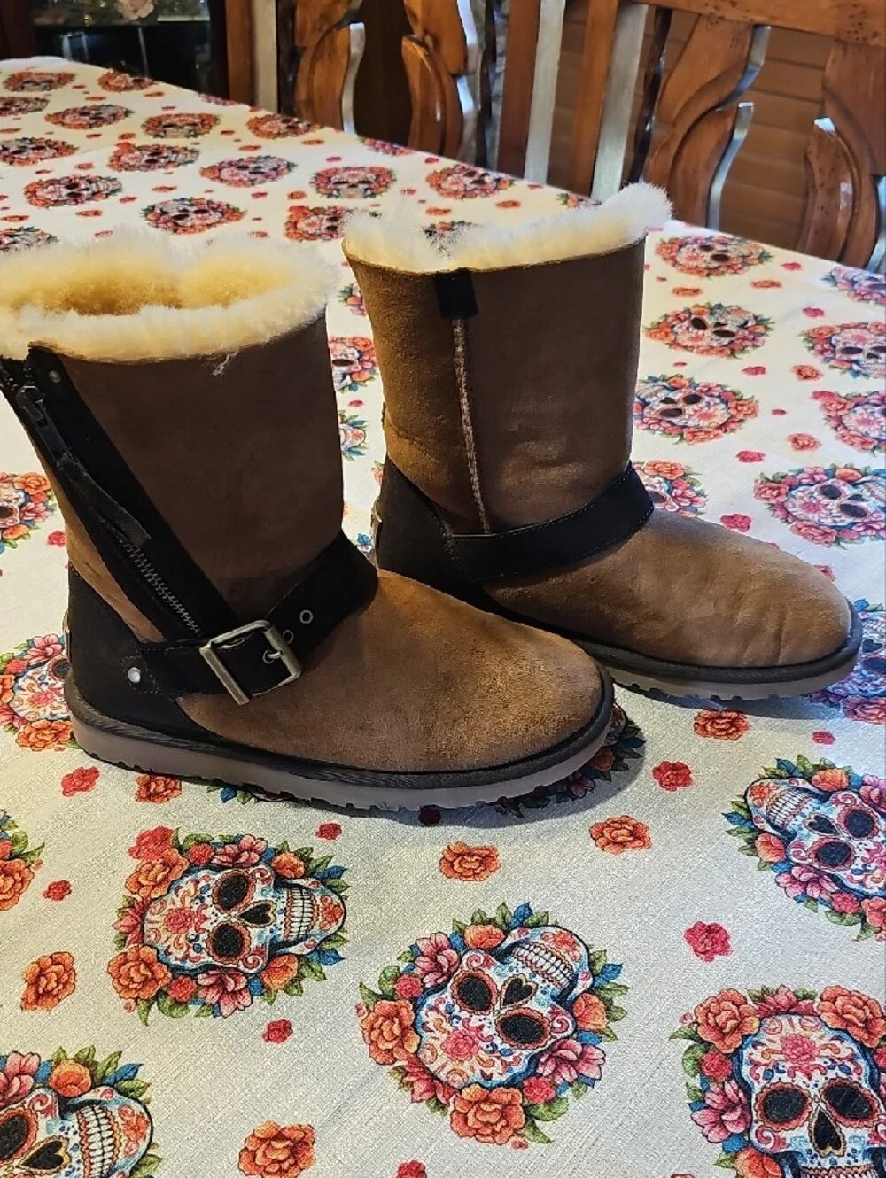 UGG Women's Chestnut Suede Shearling Boots with Black Strap